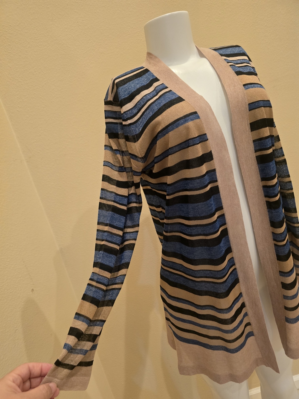 LOFT Striped Open Front Cardigan in Beige, Blue, Black - Picture 4 of 9